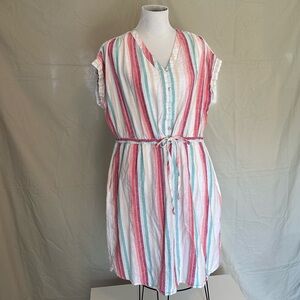 Time and Tru Colorful Striped Mini Dress drawstring waist XL rainbow linen multi